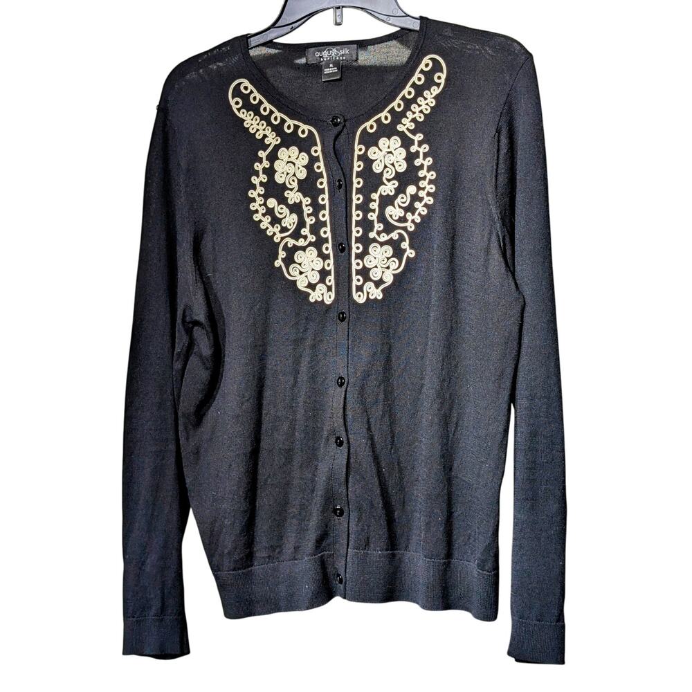 August Silk Black Button Front Cream Soutache Trim Cardigan Sweater Womens Sz XL